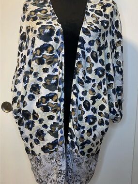 Tanzara Top Kimono Size XL Leopard Print Open‎ Front Lightweight 3/4 Sleeve Blue